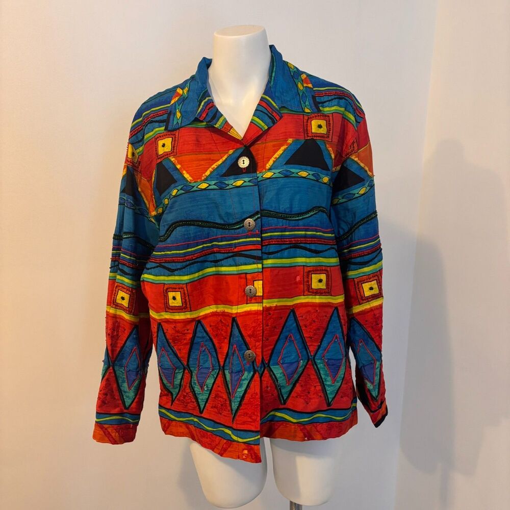 Vintage Chico's Design Silk Colorful size Large Quirky Artsy Art to Wear Jacket